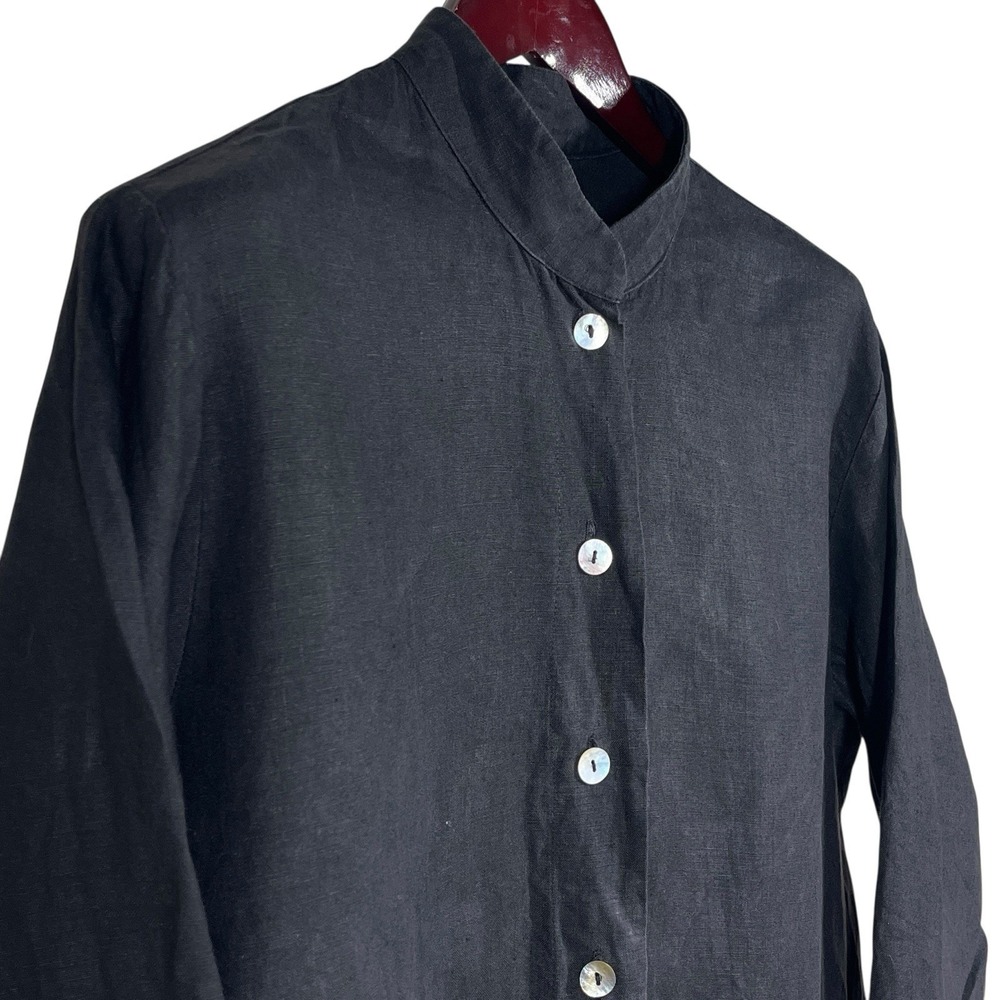 Vintage Heydari Button Front Oversized Shirt Sz M Black 100% Linen Lagenlook USA